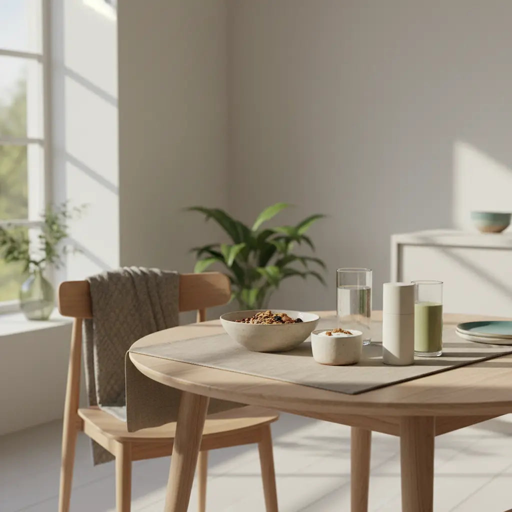 Küchentisch mit veganem Frühstück (Granola, pflanzliches Joghurt, Nüsse, Shake), Woll- und Leinen-Texturen, nachhaltiges Gedeck im Morgenlicht — glücklich im Winter