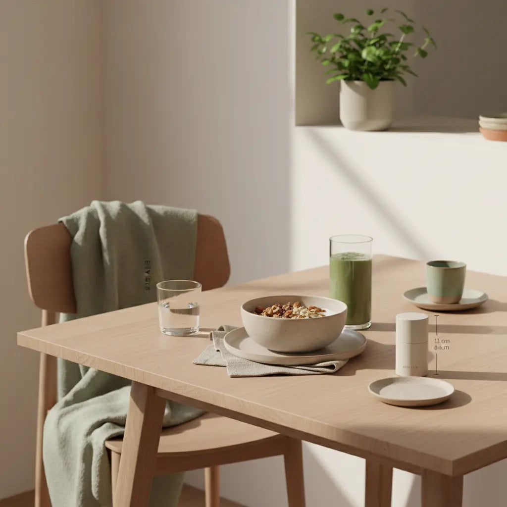 Minimalistisches veganes Frühstück mit Granola, Joghurt, Nüssen und Shake auf nachhaltigem Tisch in europäischer Küche im Morgenlicht – goldene regel veganer