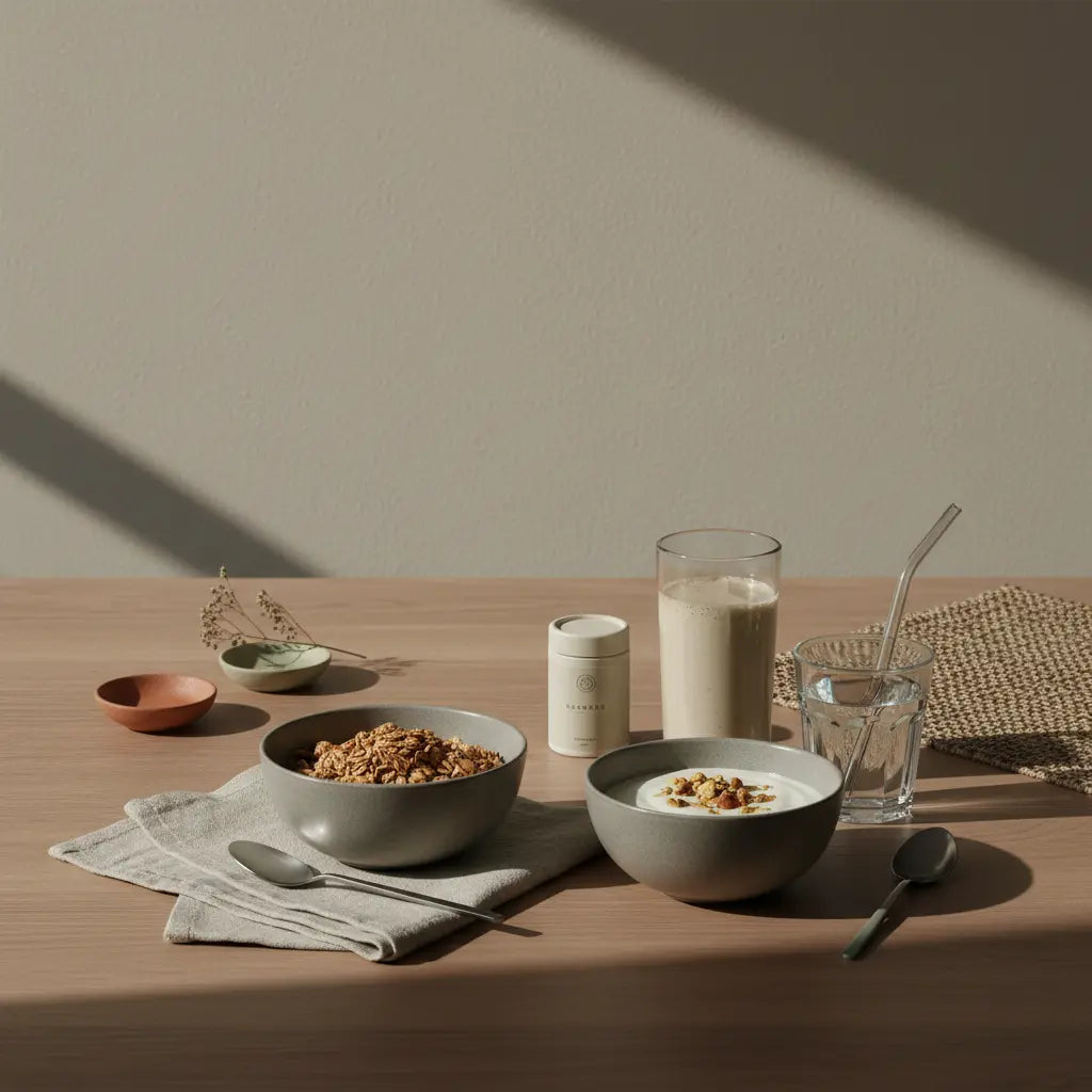 Minimalistisches Granola‑Frühstück in europäischer Küche bei Morgenlicht mit veganem Joghurt, Nüssen und Shake, ruhige Vegardians‑Farben und Texturen — wiederholungen