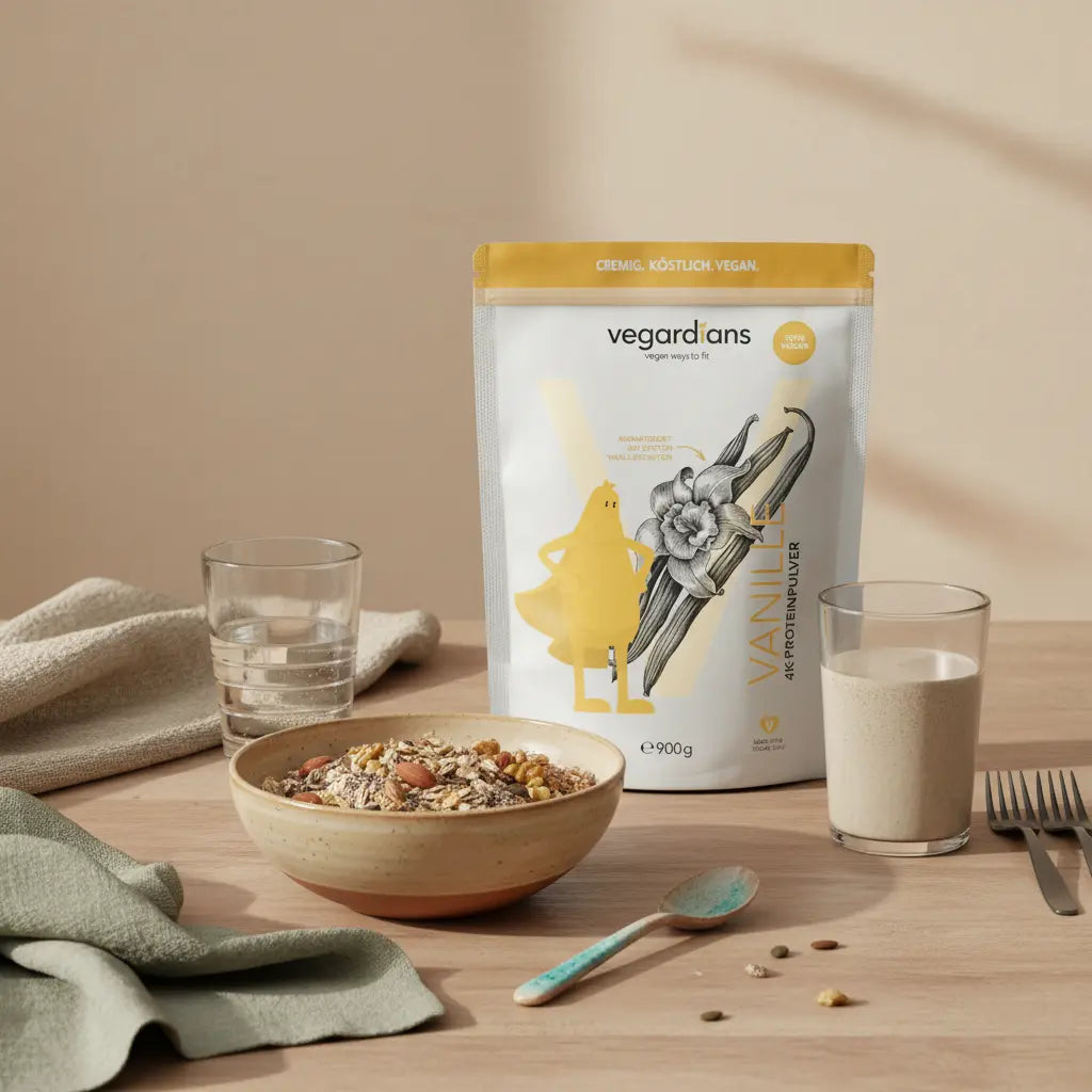 Morgendliches, minimalistisches Frühstück mit proteinreichem Müsli, Glas Wasser und Shake auf nachhaltigem Holztisch – Bild zum Thema grundumsatz berechnen