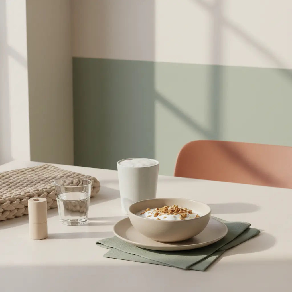Minimalistisches Morgenfrühstück mit Granola, Joghurt, Nüssen und Shake auf nachhaltigem Tisch mit Woll- und Leinentexturen — gute Vorsätze 2025