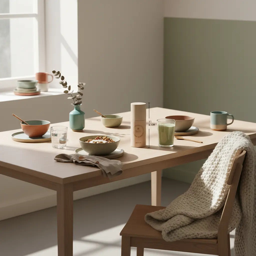 Minimalistisches veganes Frühstück mit Granola, pflanzlichem Joghurt, Nüssen und Shake auf nachhaltigem Tisch im warmen Morgenlicht – gute vorsätze