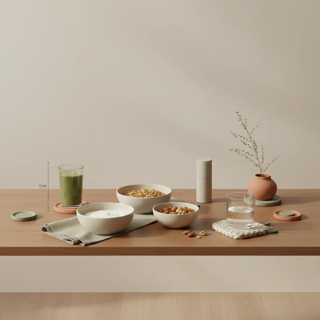 Minimalistisches Frühstück mit Granola, pflanzlichem Joghurt, Nüssen und Shake auf nachhaltig gedecktem Tisch in europäischer Küche – gutes pflanzliches Essen im sanften Morgenlicht.