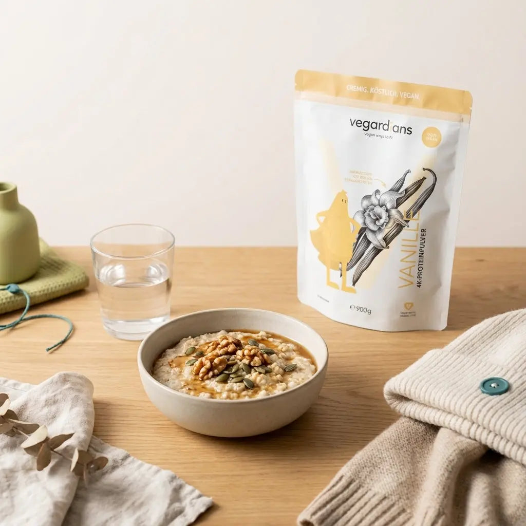 Schale Haferporridge auf nachhaltigem Holztisch mit Glas Wasser und Vegardians-Produkt daneben – Haferflocken gegen Bauchfett in ruhiger Morgenstimmung.