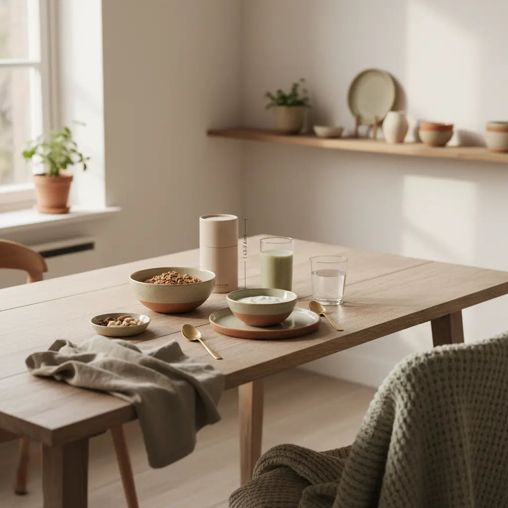 Veganer Frühstückstisch in minimalistischer europäischer Küche bei Morgenlicht mit Granola, Joghurt, Nüssen, Shake und Haferkeksen.