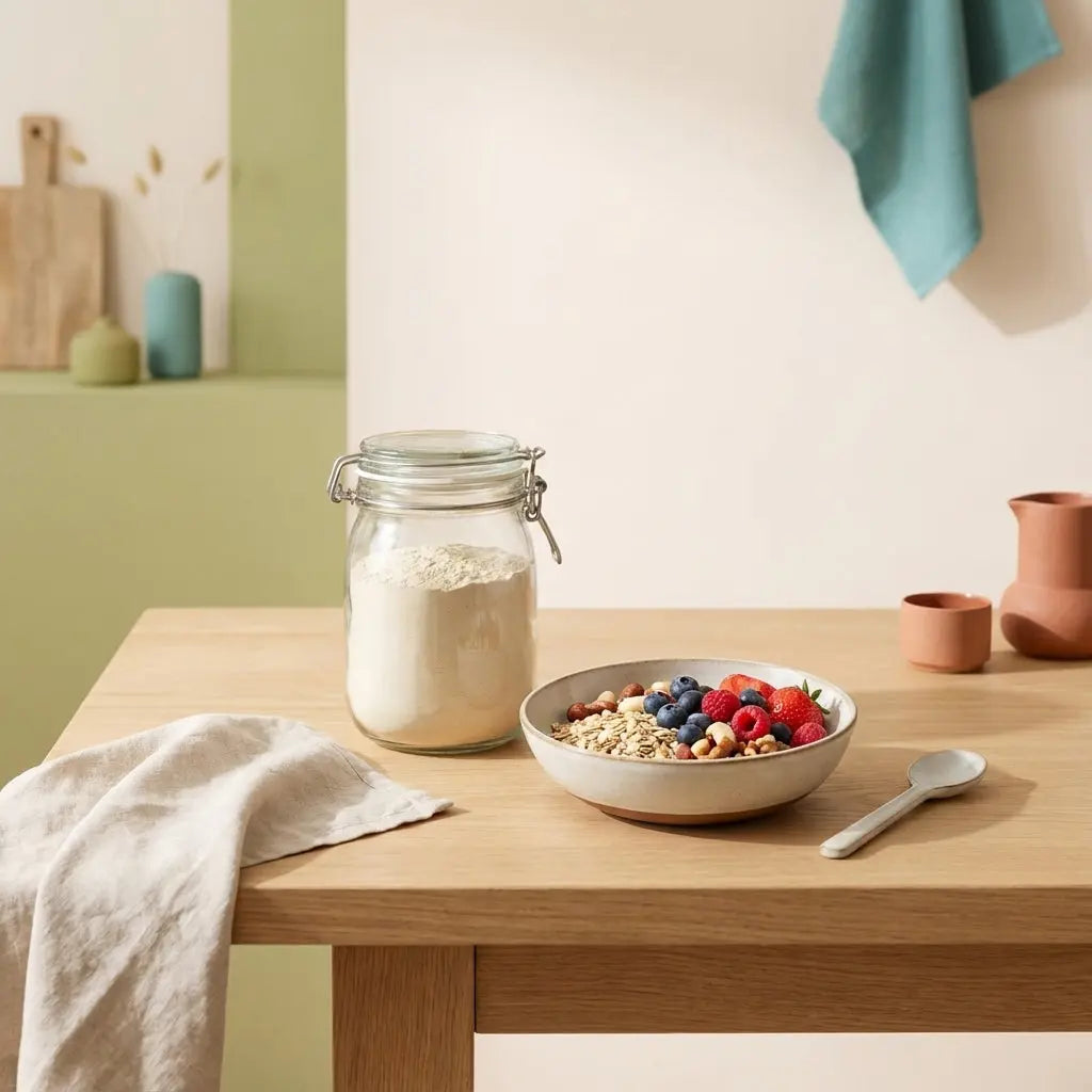 Minimalistische Still‑Life-Szene mit Produktdose, Schale mit Haferflocken, Nüssen und Beeren auf hellem Holztisch im Morgenlicht – hängende Haut nach Gewichtsverlust