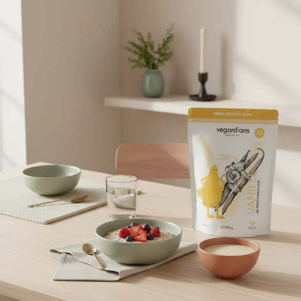 Minimalistische Küchenszene mit veganer Mahlzeit auf nachhaltigem Holztisch im Morgenlicht; Keramikschale mit Haferbrei und Beeren, Glas Wasser, kleiner Shake – Hausmittel beim Abnehmen