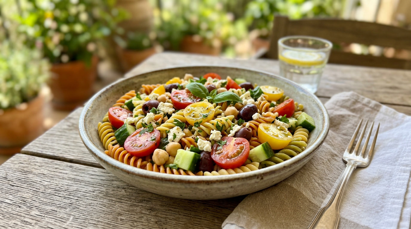 Mediterraner Protein Nudelsalat vegan