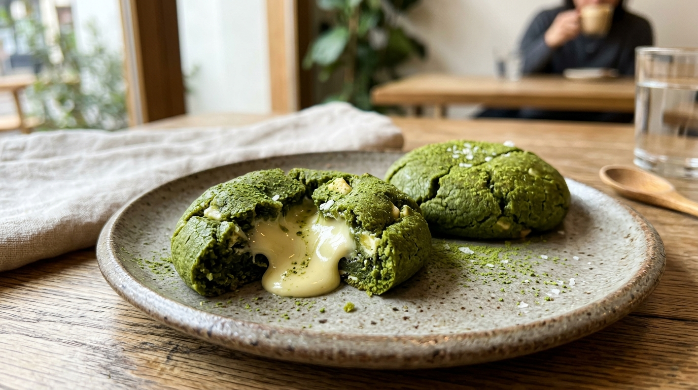 Matcha Lava Cookies mit weißer Schokolade vegan