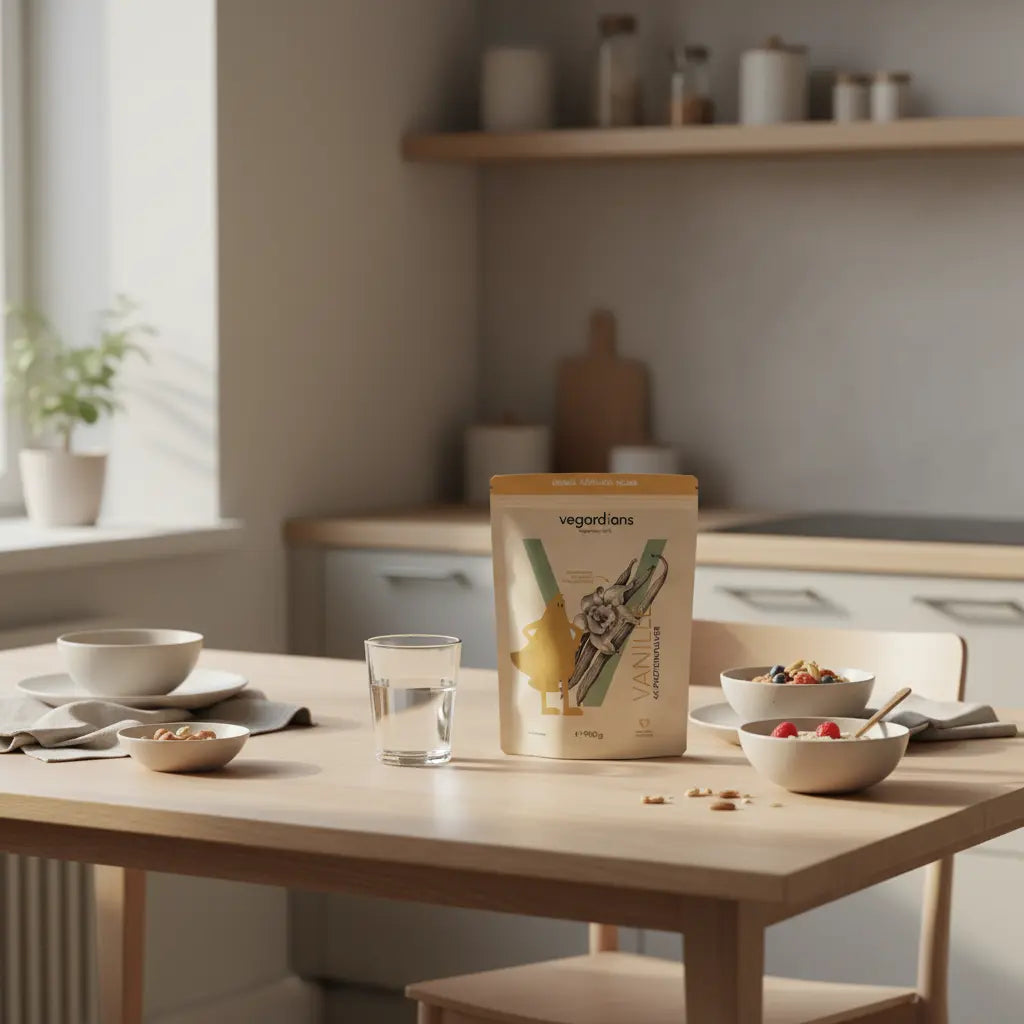 Ruhige Morgen-Küchenszene mit veganem Frühstück und dezenter Supplement‑Dose – Hilft L-Carnitin beim Abbau von Bauchfett