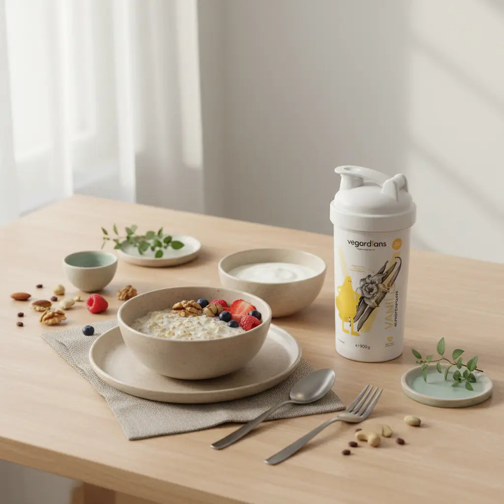 Minimalistische vegane Frühstücksplatte mit Haferbrei, Nüssen, Beeren und geschlossenem Protein-Shaker in europäischer Küche bei Morgenlicht – Hormonbauch