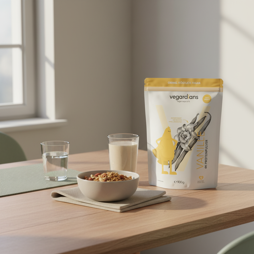 Minimalistische Frühstücksszene mit Müsli, Nüssen, pflanzlichem Shake und Vegardians-Produkt auf Holztisch im Morgenlicht — Thema hormonelle Gewichtszunahme