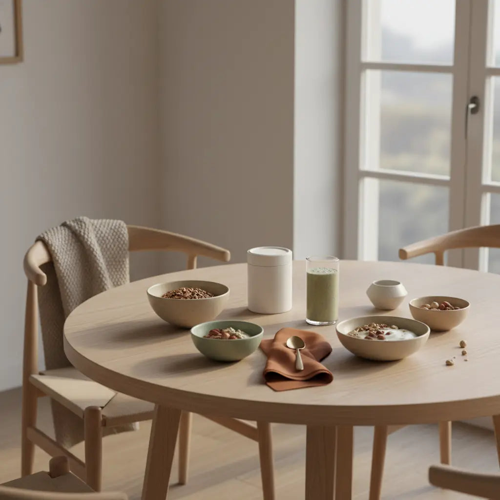 Veganer Frühstückstisch mit Granola, Pflanzjoghurt, Nüssen und Shake in ruhigem Morgenlicht, Wolltexturen und Leinenserviette – im Winter motiviert bleiben.