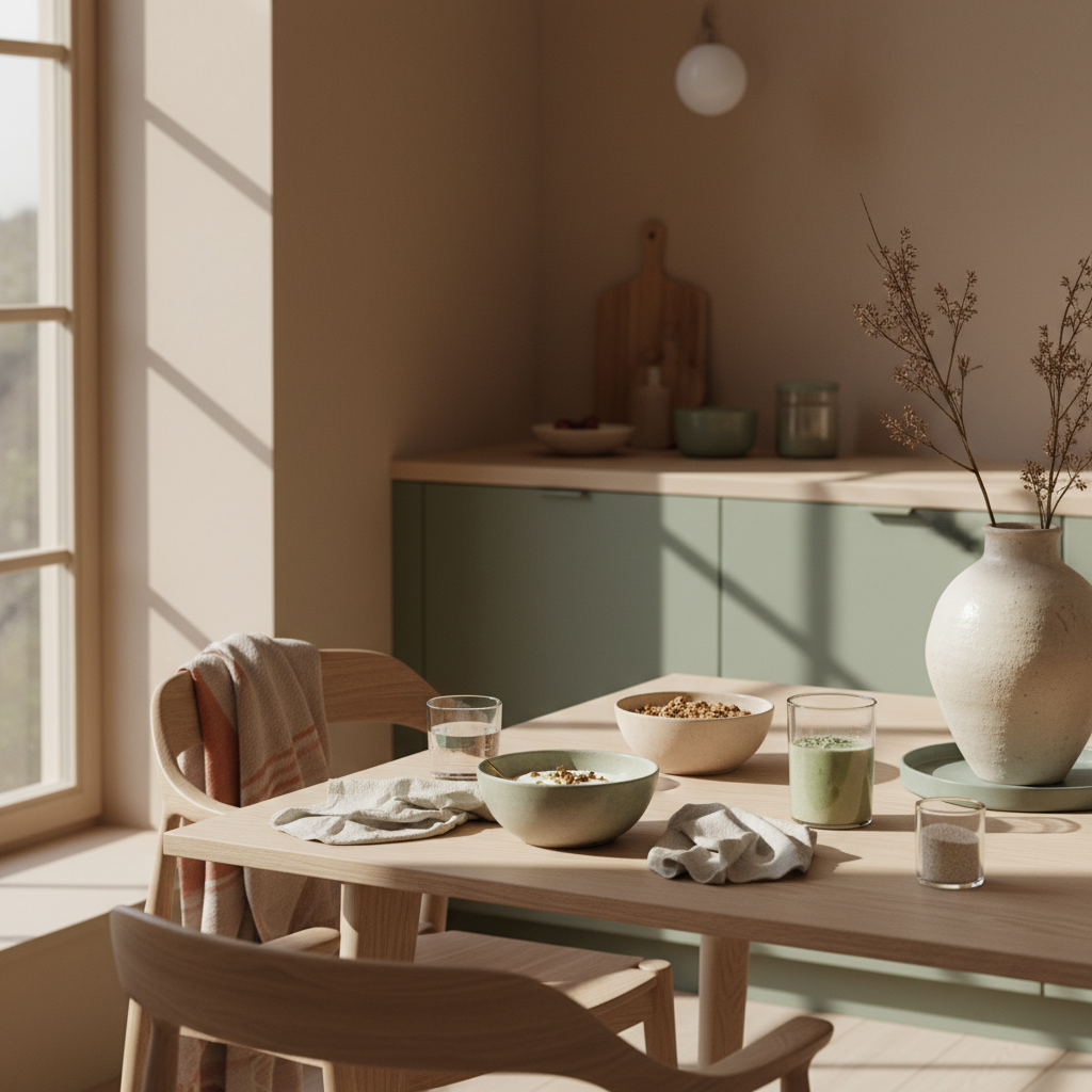 Minimalistisches Winterfrühstück mit veganer Granola-Bowl, Shake und Glas Wasser in warmer Küchenszene zur Stärkung des Immunsystems im Winter