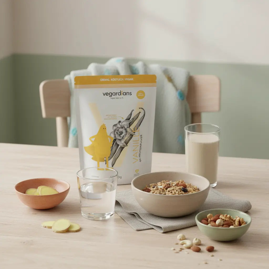 Minimalistische Morgenszene in europäischer Küche mit Müsli, pflanzlichem Shake, Glas Wasser und Schale mit frisch geschnittenem Ingwer – bewusstes Frühstück gegen Ingwer Bauchfett