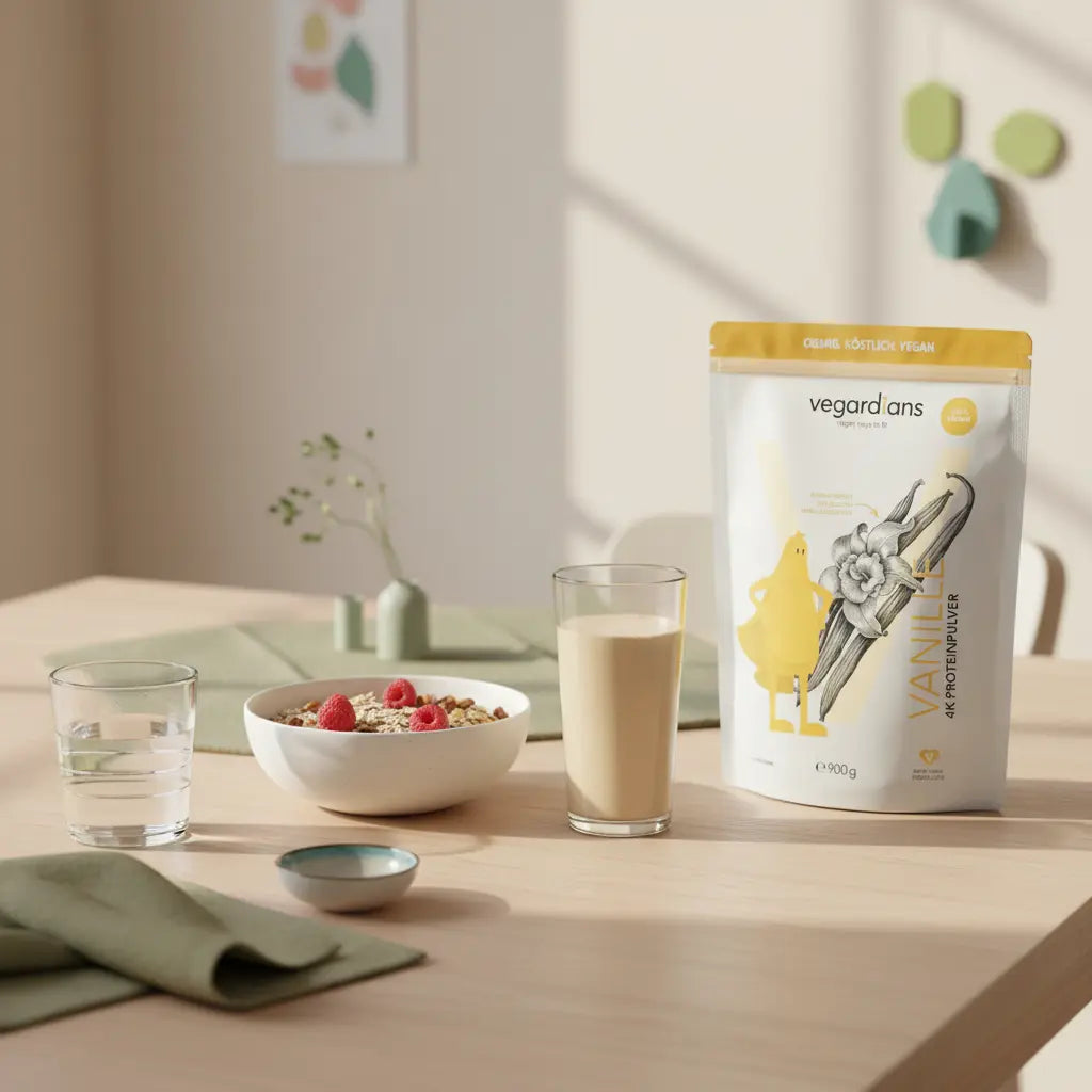 Minimalistisches Frühstück auf Holztisch mit Müsli, Wasserglas und Proteinshake im Morgenlicht, Vegardians-Ästhetik, bewusstes Intervallfasten-Motiv — intervallfasten 18/6