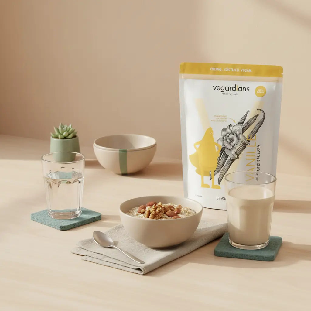 Intervallfasten für Frauen über 40: Minimalistische Frühstückstafel mit Haferbrei, Nüssen, pflanzlichem Shake und Glas Wasser auf nachhaltigem Holztisch im Morgenlicht.