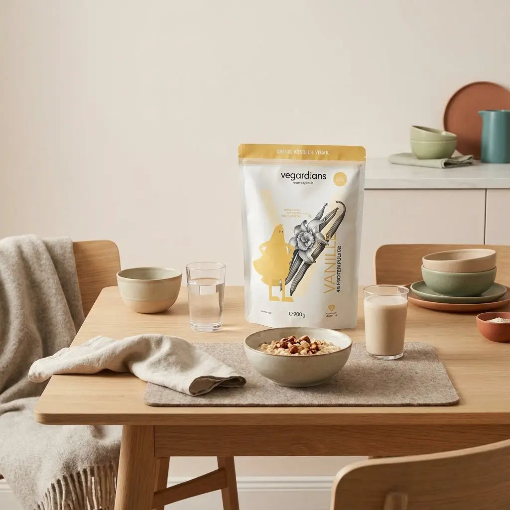 Intra-Workout Frühstücksszene: nachhaltiger Holztisch mit Glas Wasser, Schale Haferflocken, Nüssen und Shake im sanften Morgenlicht, minimalistisches Vegardians-Styling.