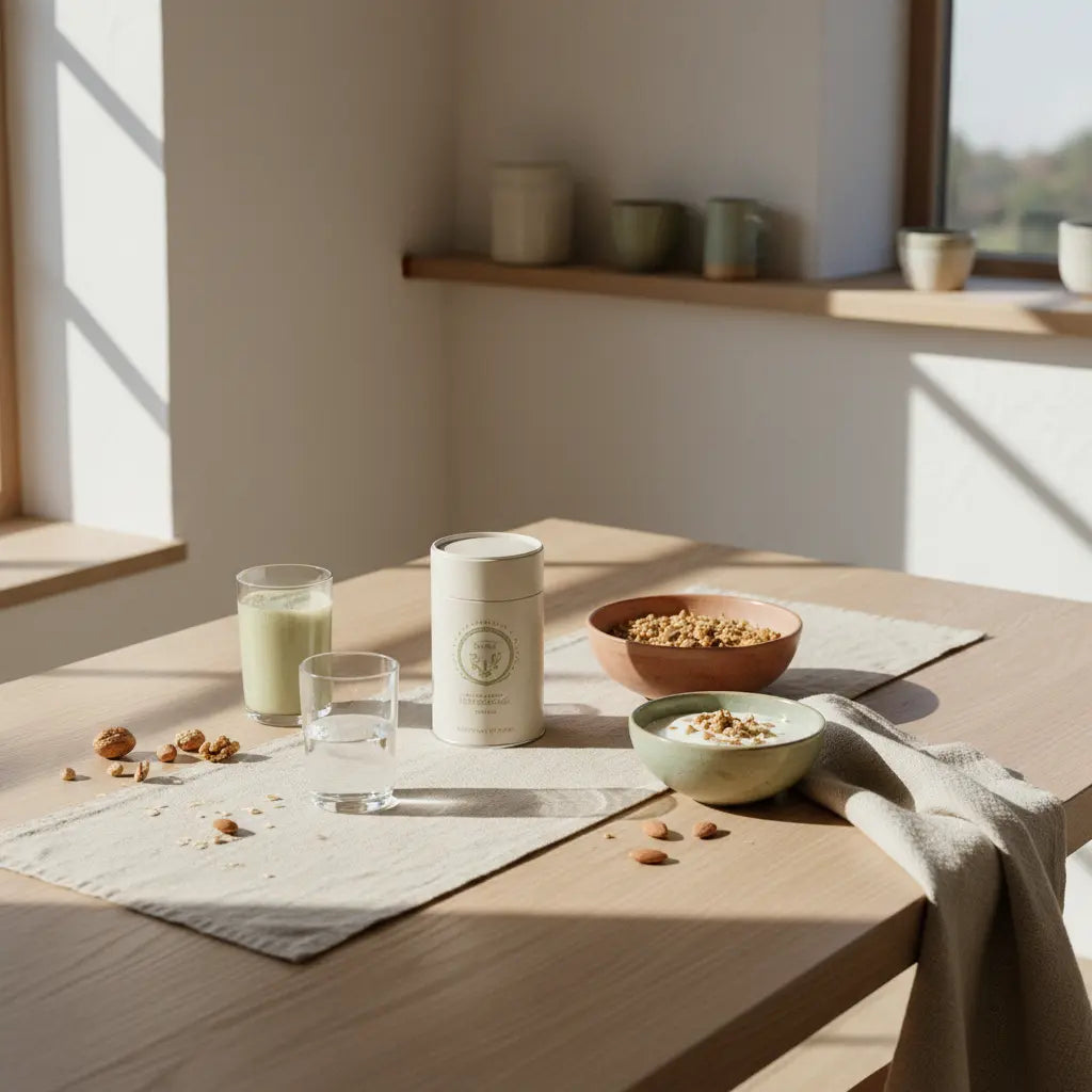 Minimalistisches Frühstück in einer europäischen Küche mit veganem Granola, Joghurt-Alternative, Nüssen und Shake auf nachhaltigem Tisch – ist Reis vegan