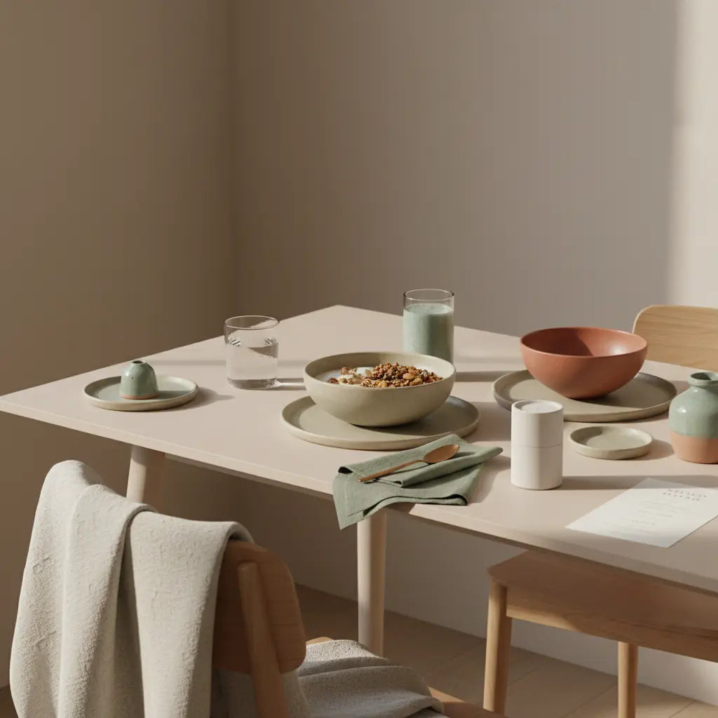 Minimalistischer Frühstückstisch mit Granola, pflanzlichem Joghurt, Nüssen und Shake im sanften Morgenlicht, ruhige vegane Szene im Markenstil – jodgehalt obst