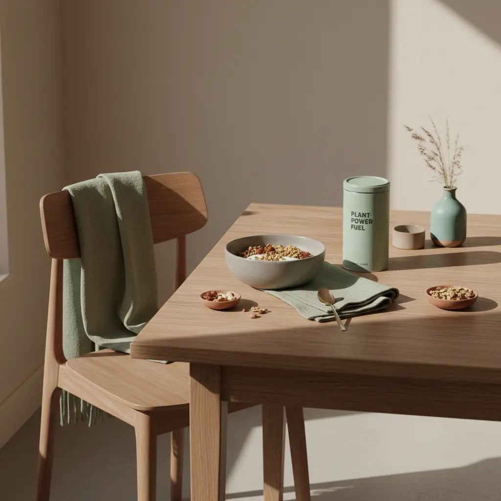 Minimalistisches Frühstück mit Granola, veganem Joghurt, Nüssen und Proteinshake auf nachhaltigem Holztisch in heller europäischer Küche mit winterlichen Wolltexturen — perfekt nach joggen im winter