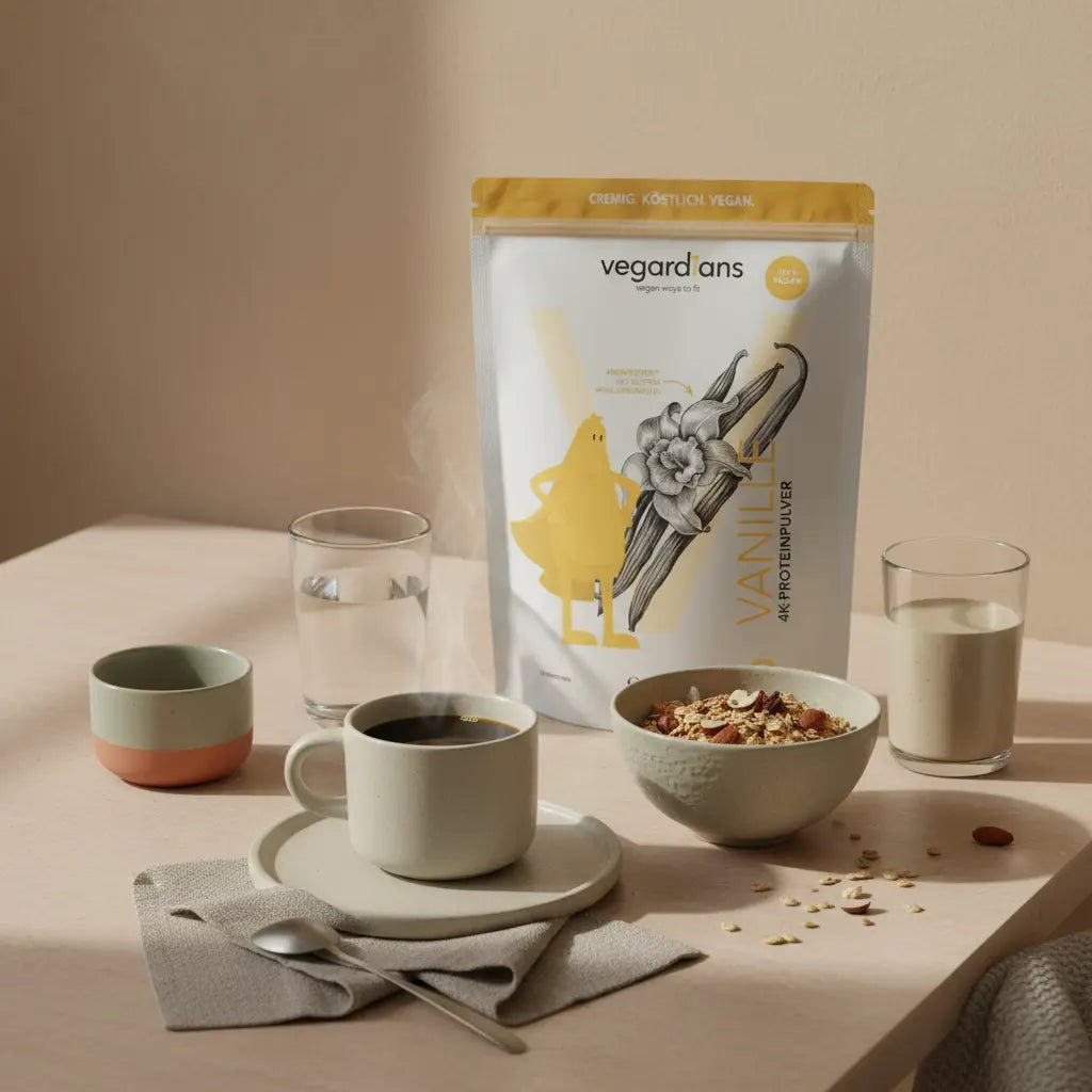 Kaffee beim Abnehmen: helle Morgenküche mit Tasse schwarzem Kaffee, Müsli, Glas Wasser und Protein‑Shake auf nachhaltigem Tisch in beige‑salbei‑Terrakotta Tönen