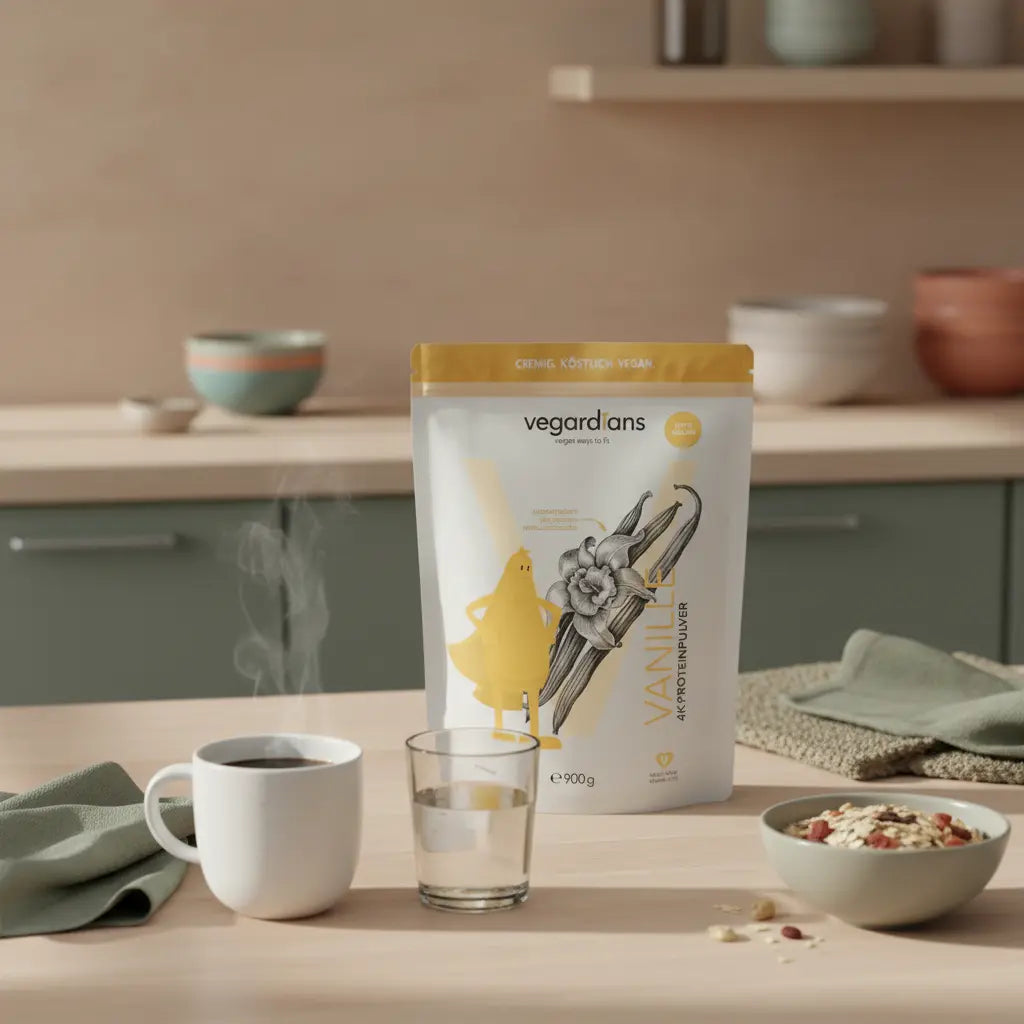 Dampfende Tasse schwarzen Kaffees auf nachhaltigem Holztisch mit Wasserglas, Haferflocken-Schale und salbeigrüner Leinenserviette – kaffee beim scheinfasten