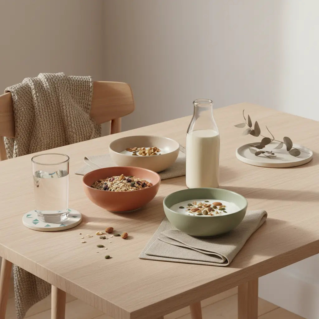 Kann ein Veganer Muskeln aufbauen? Minimalistische europäische Küchenszene im Morgenlicht: Holztisch mit Müsli, pflanzlichem Joghurt, Nüssen und Glasflasche des Produkts aus Referenzfotos, winterliche Leinenakzente.