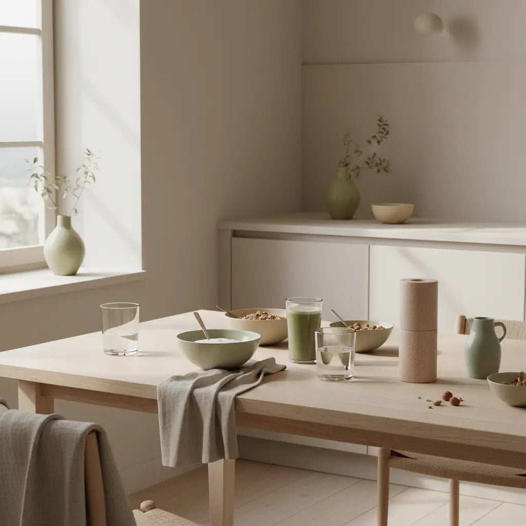 Kann ich Eier essen, wenn ich Bauchmuskeln will? Minimalistisches Frühstück in einer europäischen Küche mit Granola, pflanzlichem Joghurt, Nüssen und Shake auf einem nachhaltigen Tisch, sanftes Morgenlicht.