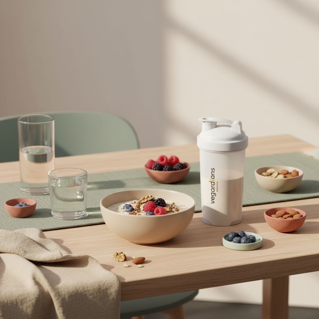 Kann man in 4 Wochen 20 kg abnehmen? Minimalistische Morgenküche: nachhaltiger Holztisch mit Glas Wasser, Haferbrei mit Nüssen und Beeren sowie verschraubtem Shaker ohne Logos, Leinenakzente.