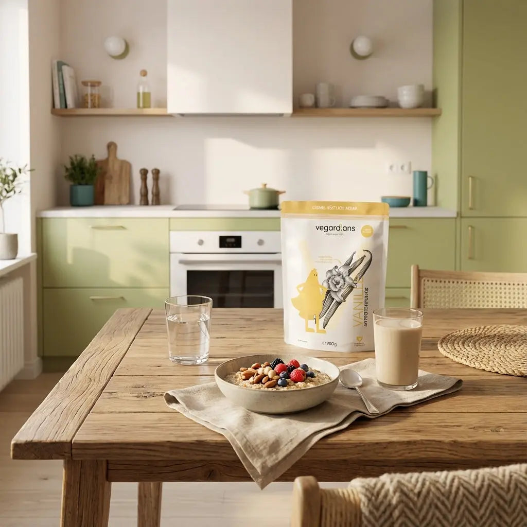 Kann man ohne Sport Muskeln aufbauen? Minimalistische Morgen-Küchenszene mit nachhaltigem Holztisch, Glas Wasser, Porridge mit Nüssen und Beeren, neutralem Shake und Vegardians-Produkt aus Referenz.