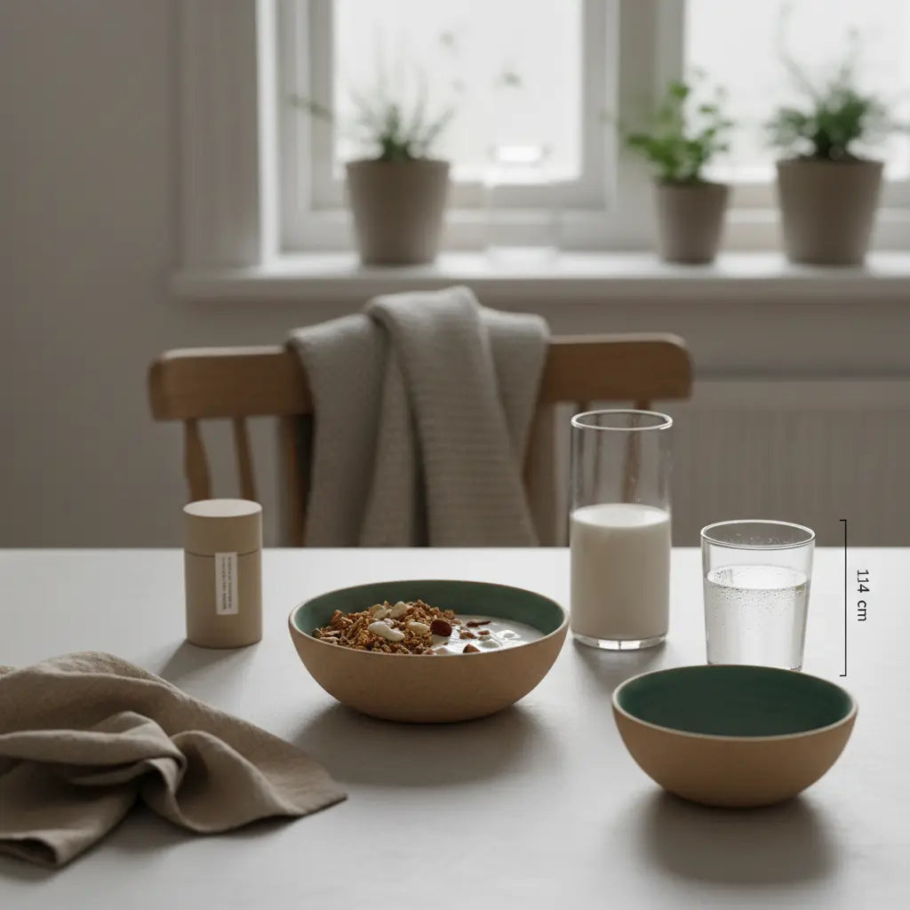 Minimalistisches veganes Frühstück mit Granola, pflanzlichem Joghurt, Nüssen und Shake in Keramikschalen auf einem nachhaltigen Tisch – Illustration für Käse beim Clean Eating.