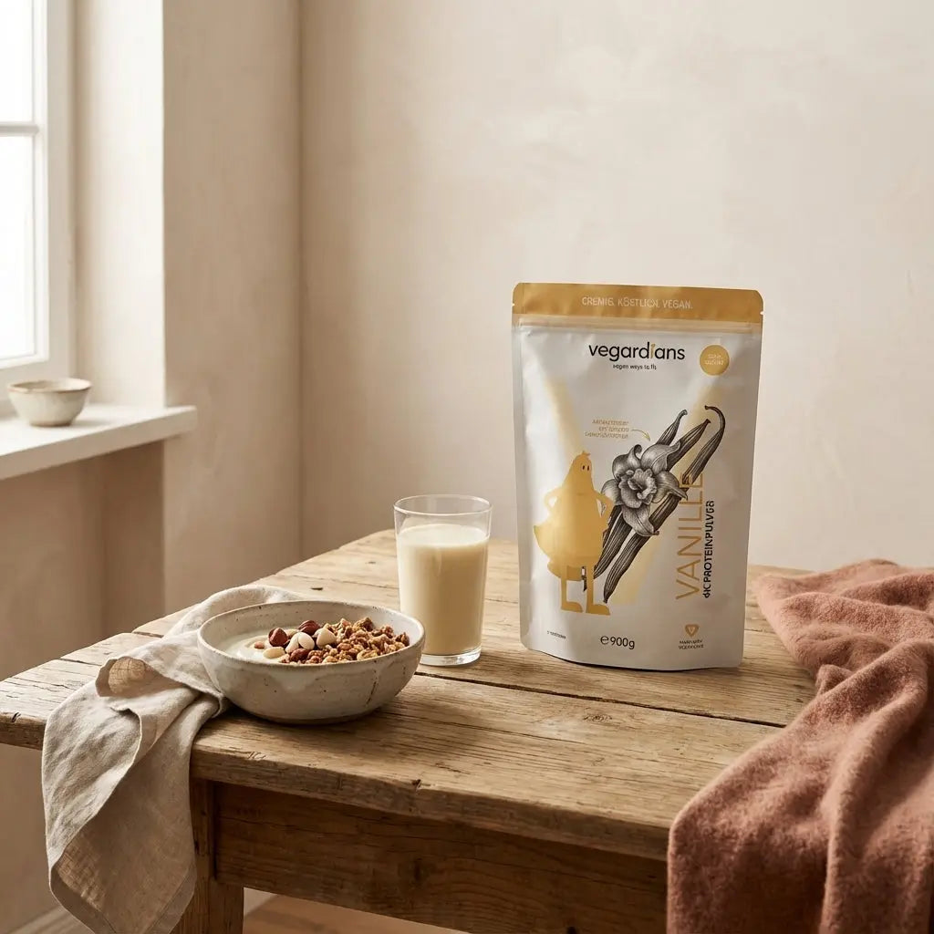 Veganer Frühstückstisch mit Müsli, pflanzlichem Joghurt, Nüssen und Proteinshake auf nachhaltigem Holztisch in sanftem Morgenlicht – ruhige, minimalistische Szene für KI Ernährungsplan.