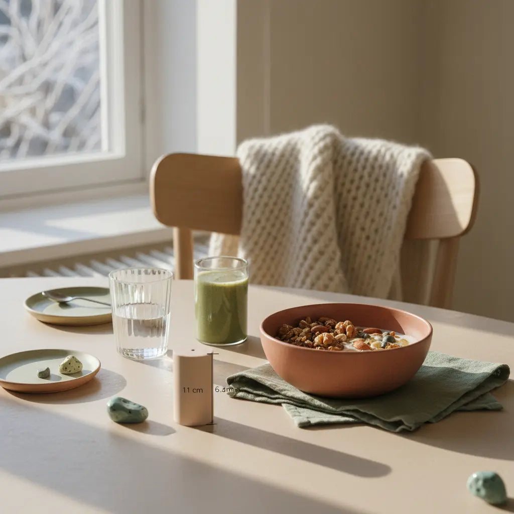 Minimalistischer Küchentisch in sanftem Morgenlicht mit Granola, Pflanzjoghurt, Nüssen und Shake – Symbol für klimafreundliche Ernährung.