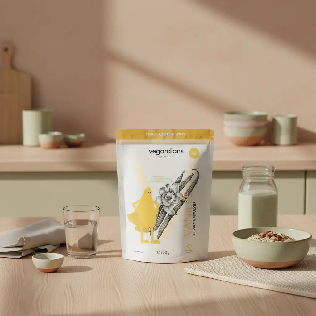 Minimalistisches Frühstücksstillleben auf Holztisch mit Haferbrei, Nüssen, pflanzlichem Shake und Wasserglas im sanften Morgenlicht; erdige Farben, bewusst nährend — km pro Tag laufen abnehmen