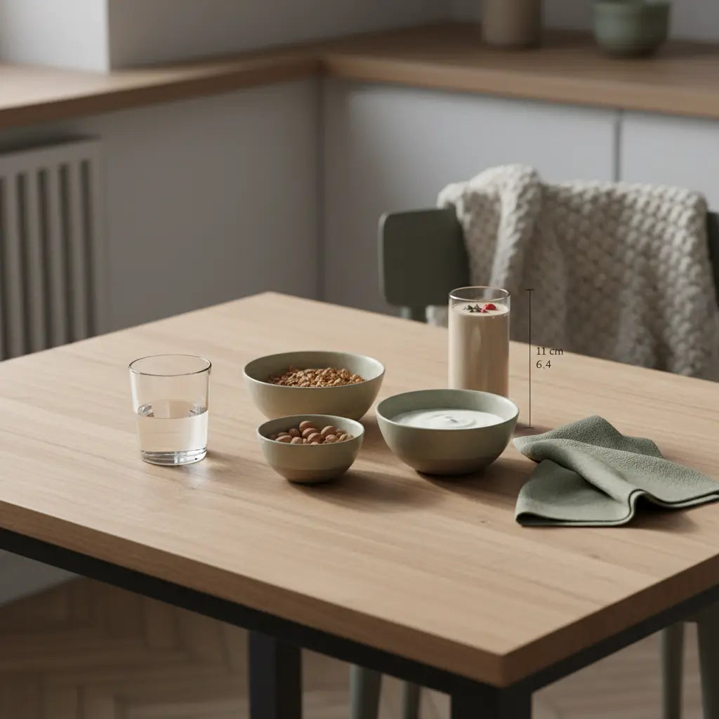 Veganes Frühstück mit Granola, pflanzlichem Joghurt, Nüssen und Shake in minimalistischer Küchenstimmung – können Veganer muskulös sein