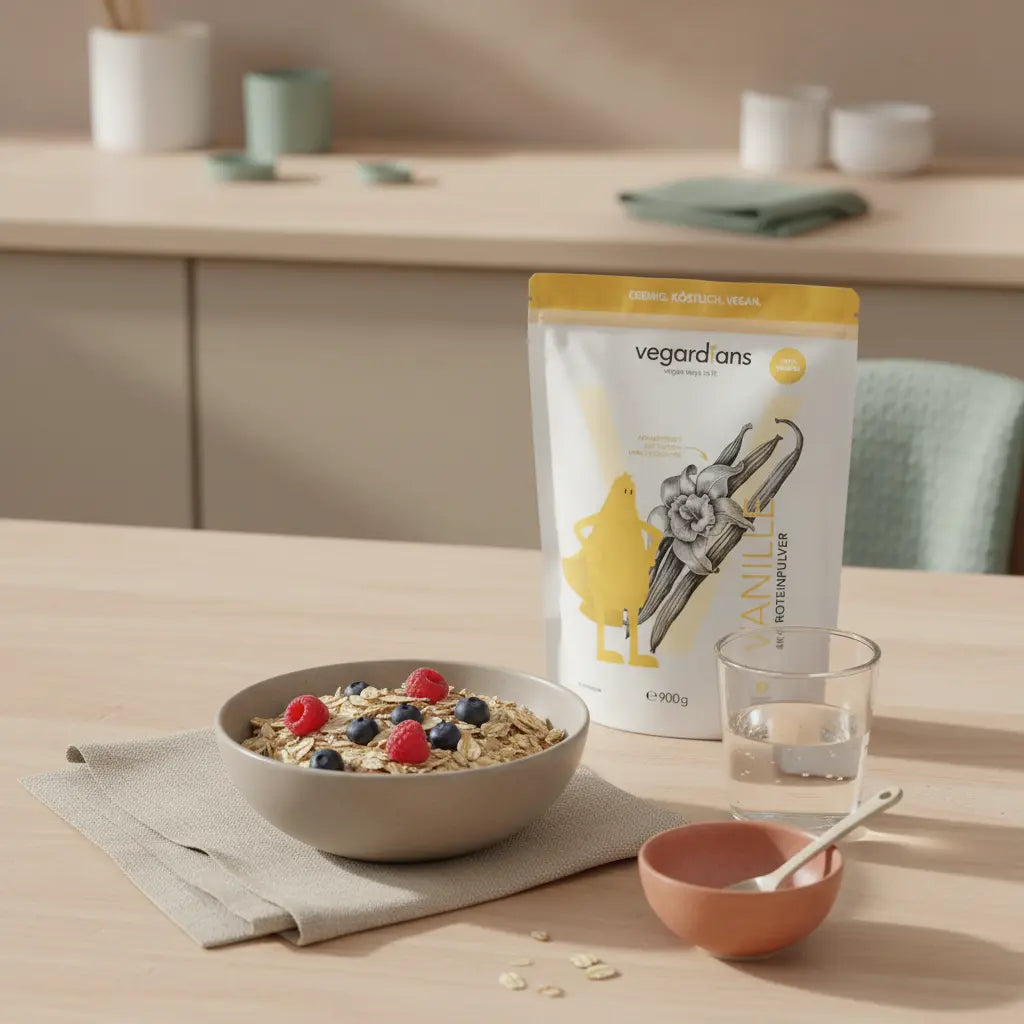 Minimalistische Küchenszene mit Haferbrei, Glas Wasser und verschlossenem Proteinshake — ruhiges Morgenlicht, bewusstes Frühstück für Tipps zu Körperfett reduzieren.