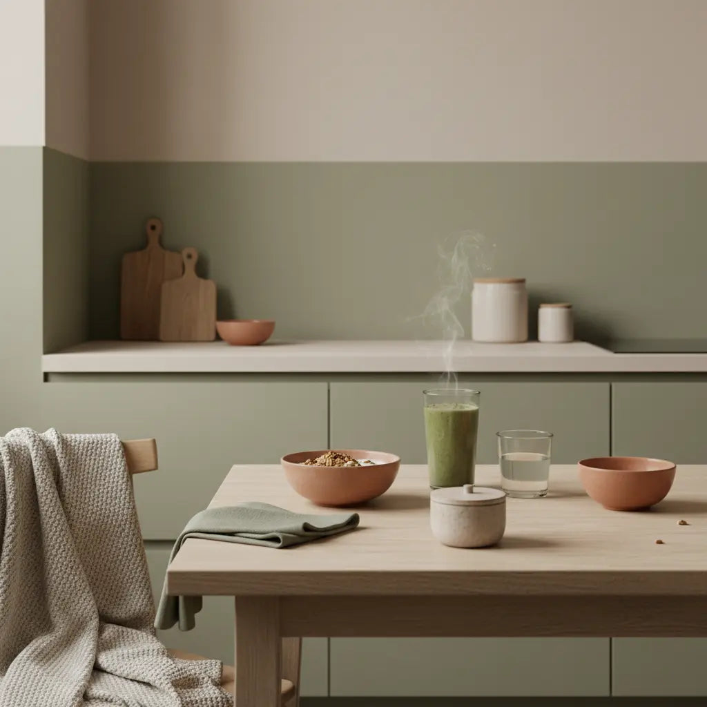 Minimalistisches Morgenfrühstück in europäischer Küche mit Granola, pflanzlichem Joghurt, Nüssen und Shake; nährende Szene, die körperlich fit werden fördert.