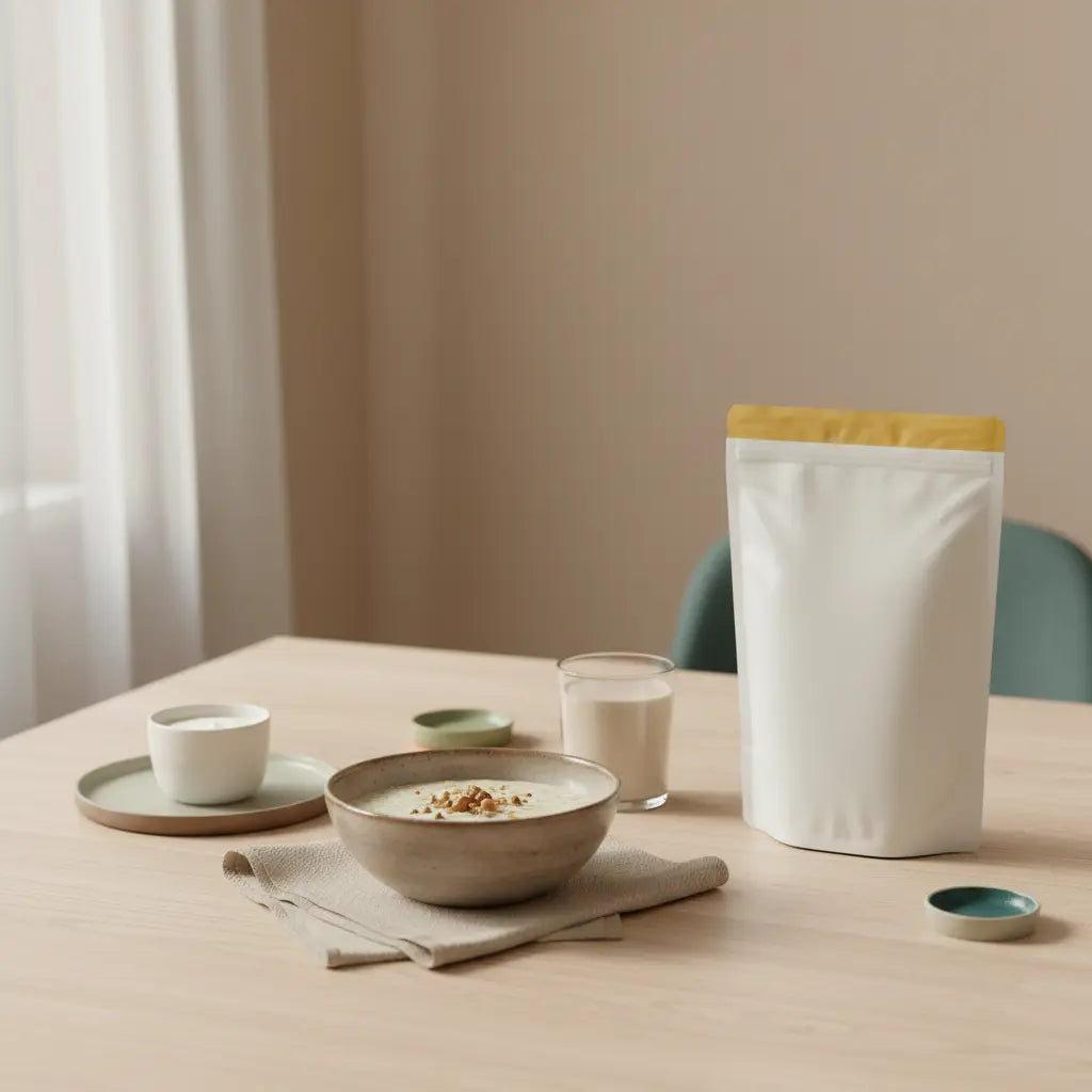 Minimalistische Frühstücksszene mit Porridge, Joghurt, Shake und Vegardians‑Produkt auf nachhaltigem Holztisch im Morgenlicht – kostenlose abnehmtipps