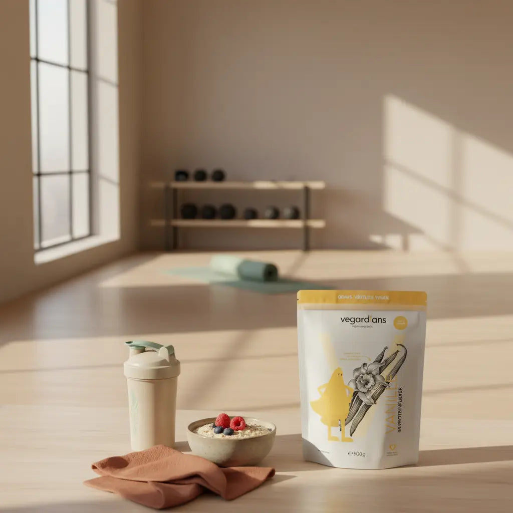 Minimalistisches Fitnessstudio am Morgen mit Hanteln, Matte, Shaker und Schale Haferflocken mit Beeren im Vordergrund, ruhiges Fensterlicht — krafttraining abnehmen fitnessstudio