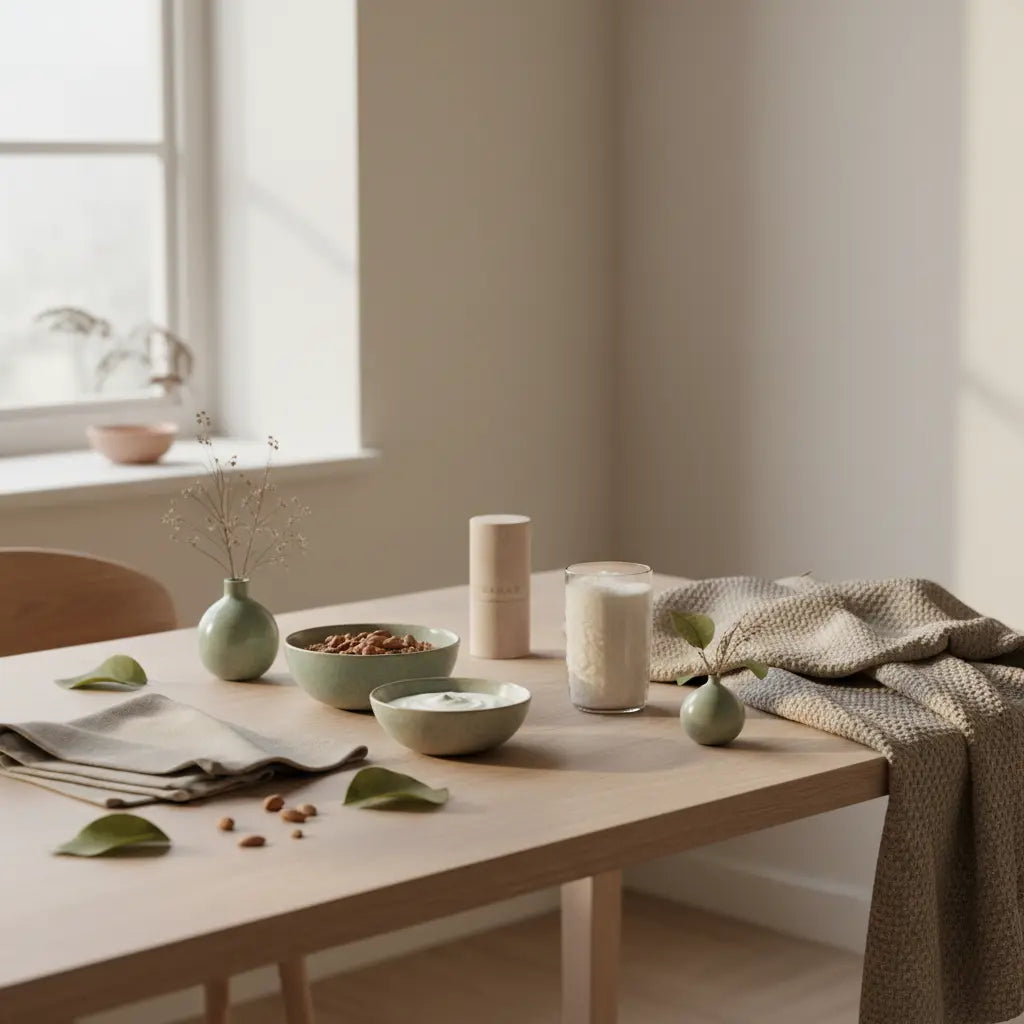 Minimalistisches Frühstück in einer europäischen Küche für Krafttraining Anfänger: Granola, pflanzlicher Joghurt, Nüsse, Shake, Leinen- und Wolltexturen im ruhigen Morgenlicht.