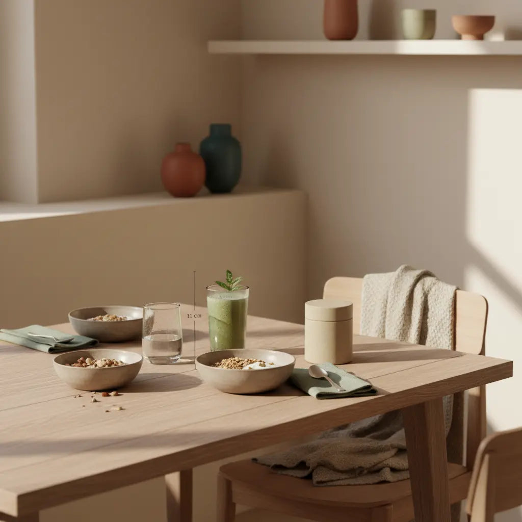 Veganes Frühstück mit Granola, Joghurt, Nüssen und einem Shake auf nachhaltigem Tisch in heller, minimalistischer Küche – idealer Start für krafttraining anfänger.