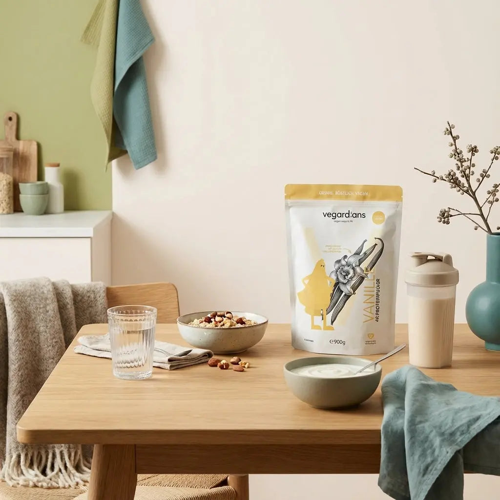 Minimalistisches Morgenfrühstück auf Holztisch mit Hafer, Nüssen, pflanzlichem Joghurt und Protein-Shaker in ruhigen Vegardians-Farben; krafttraining frau