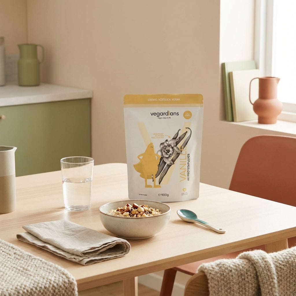 Minimalistischer Frühstückstisch mit Haferflocken, Glas Wasser und Pflanzendose (Produktreferenz) im sanften Morgenlicht – ruhige Szene für Krafttraining Ernährung.