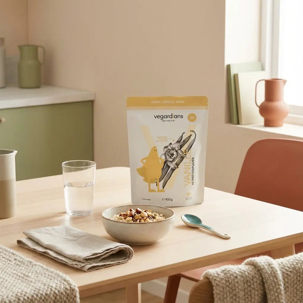 Minimalistischer Frühstückstisch mit Haferflocken, Glas Wasser und Pflanzendose (Produktreferenz) im sanften Morgenlicht – ruhige Szene für Krafttraining Ernährung.