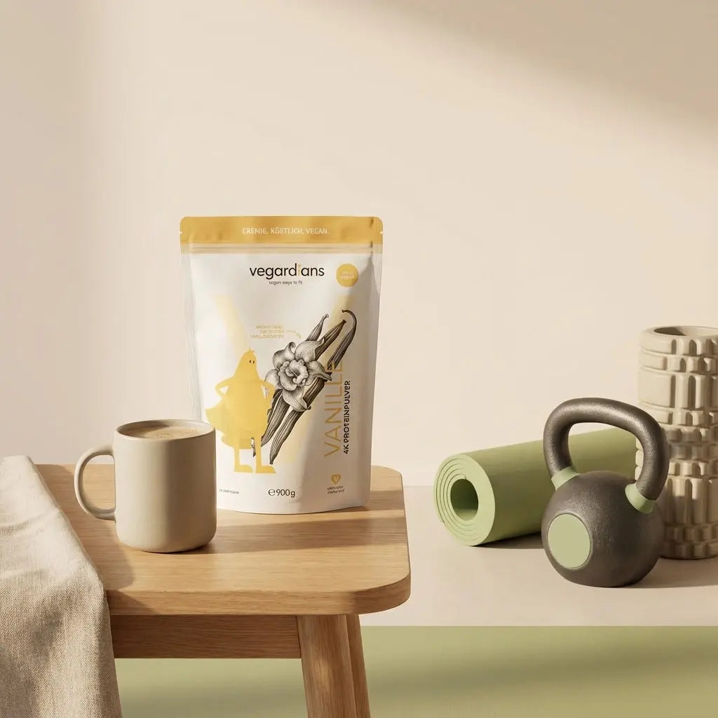 Ruhevolle Home‑Gym‑Szene mit Yogamatte, Kettlebell, Schaumstoffrolle und pflanzlichem Shake auf Holztisch im Morgenlicht – Kontext: Krafttraining Rückenschmerzen