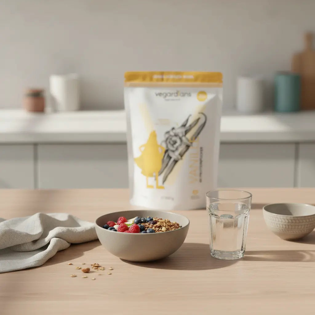 Vegane Protein-Bowl mit geschlossenem Vegardians-Produkt auf minimalistischem Tisch in einer europäischen Küche bei Morgenlicht – ruhige, nährende Szene für kraftübungen für frauen