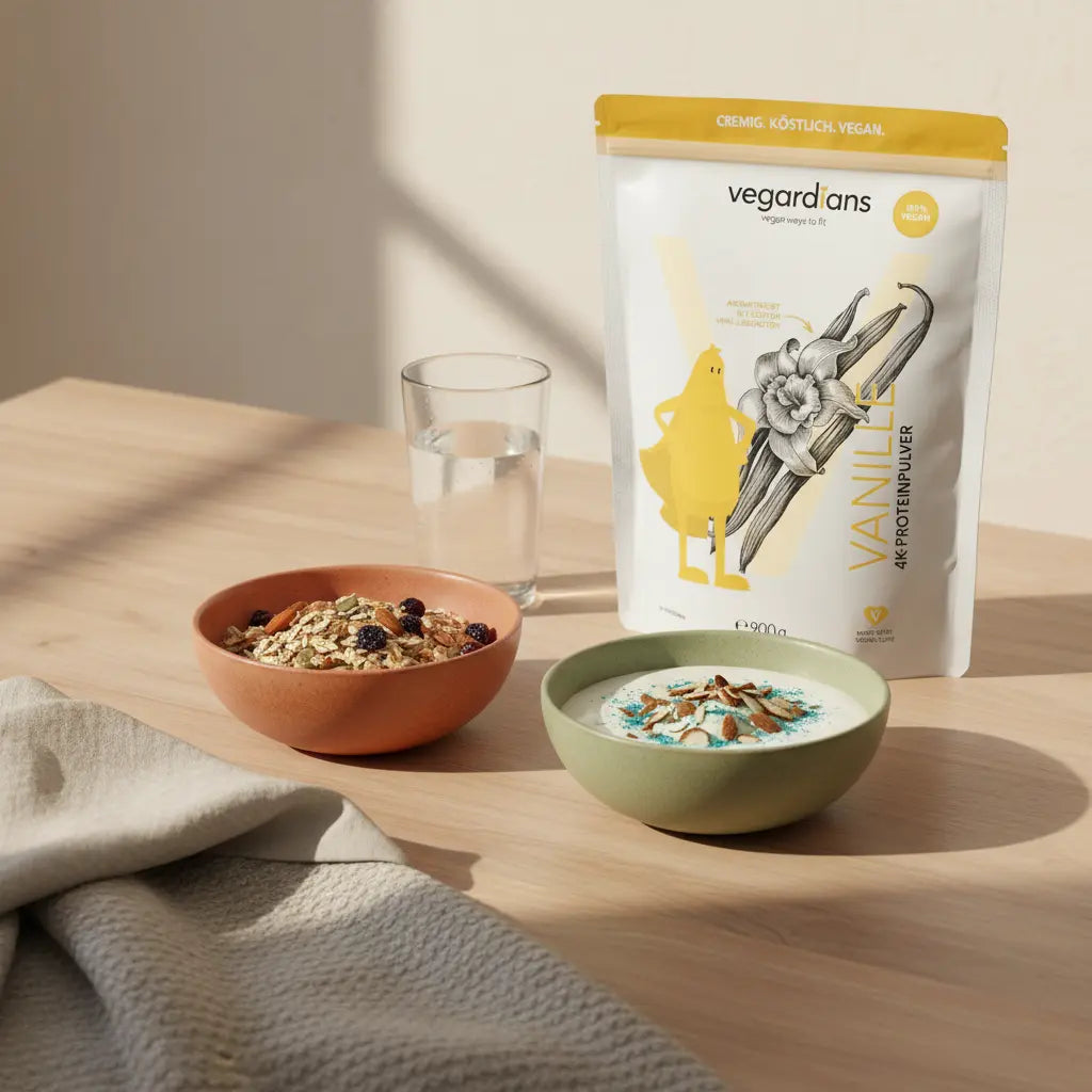 Minimalistische Frühstücksszene in europäischer Küche mit Glas Wasser, Hafer‑Müsli, Pflanzenjoghurt und verschlossenem Proteinshaker – Laufband