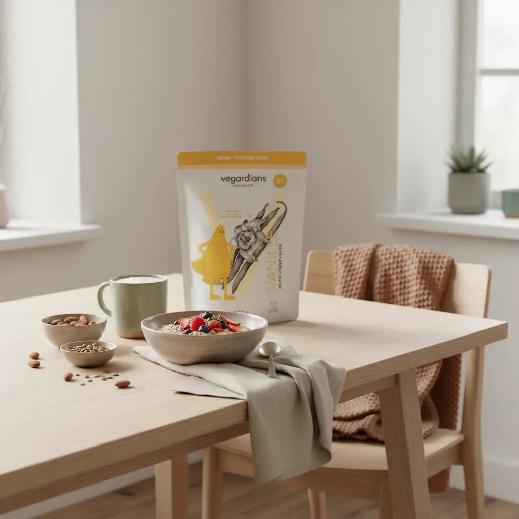 Minimalistische Morgenaufnahme: vegane Hafer-Schale mit Beeren, Nüssen und pflanzlichem Shake auf nachhaltigem Holztisch mit Leinenserviette – Lebensmittel gegen Bauchfett, ruhige Palette.