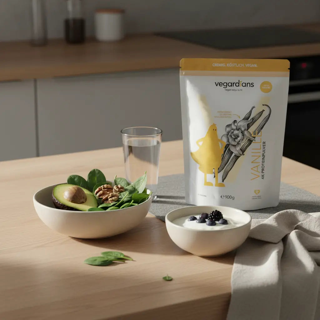 Low-Carb Ernährung: ruhige europäische Küchen-Morgenszene mit nachhaltigem Holztisch, Schale mit kohlenhydratarmen Zutaten (Avocado, Walnüsse, Blattgemüse), Joghurt und Beeren